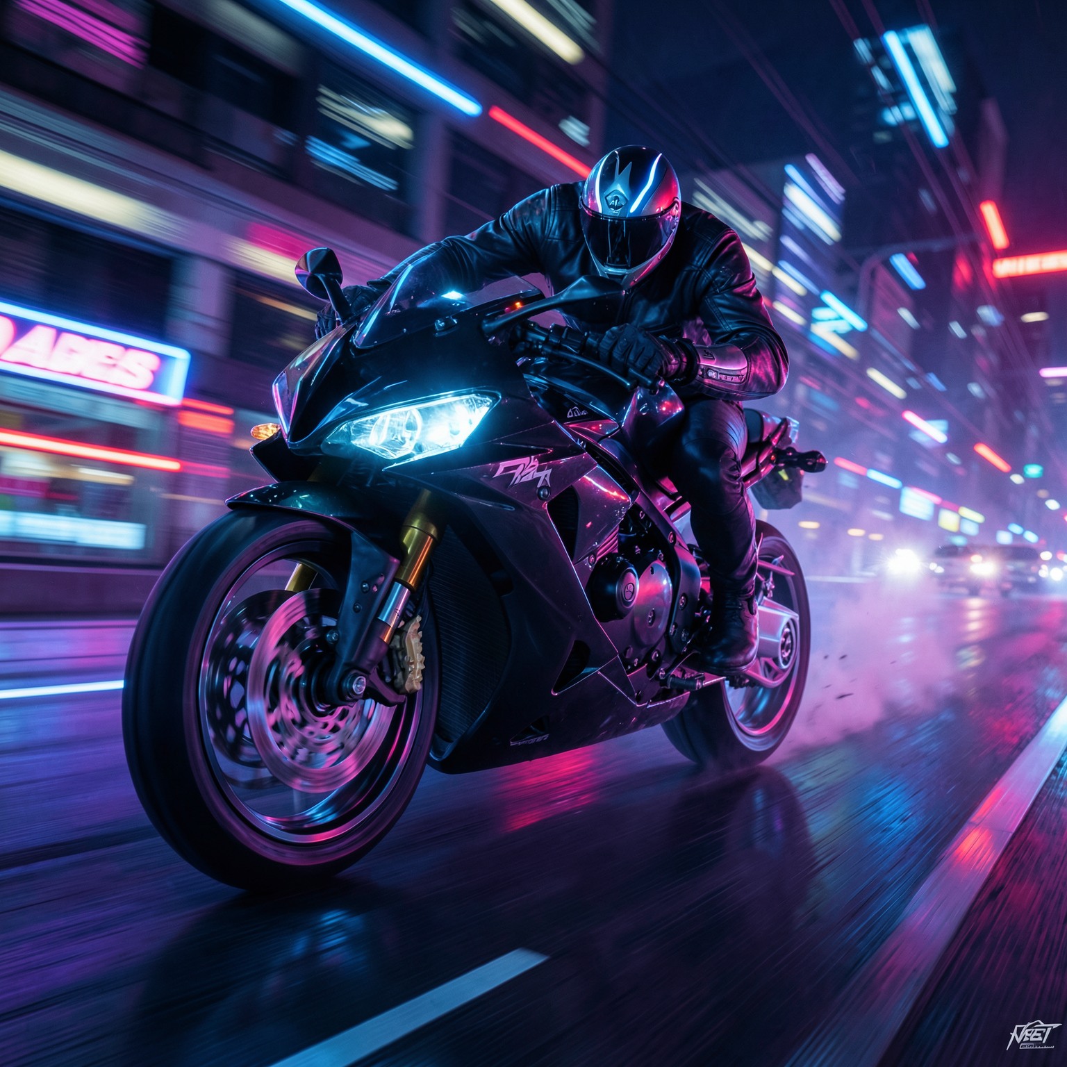 neon-lit futuristic motorcycle chase, motion blur, cinematic action