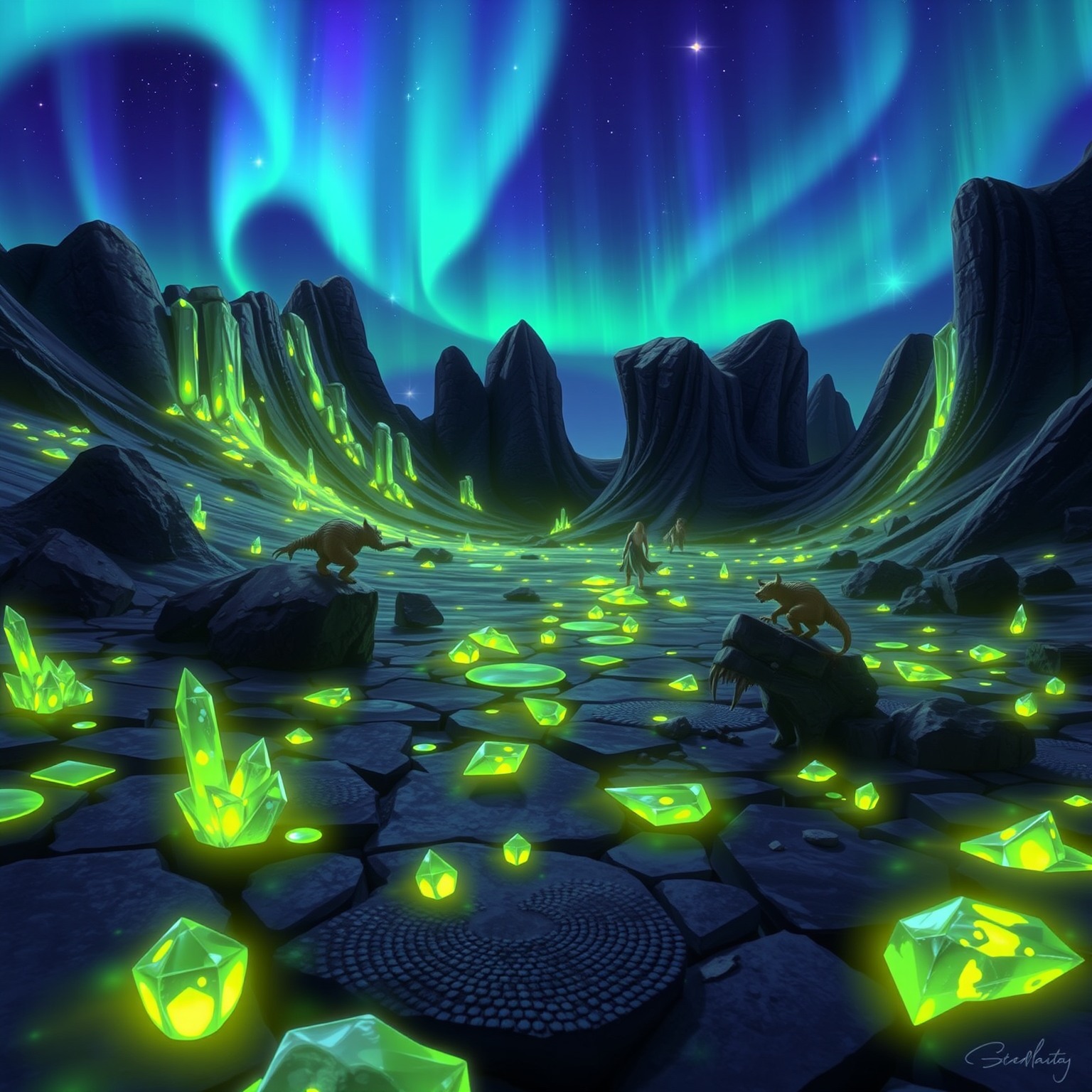 A surreal landscape filled with glowing crystals and a colorful aurora, featuring various fantastical creatures.