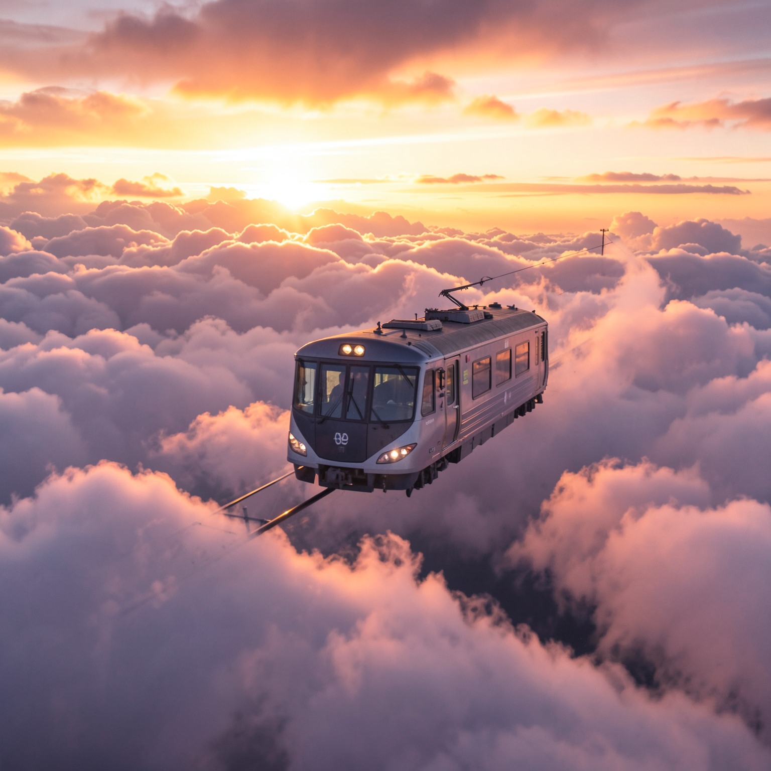 Floating train through clouds at sunset