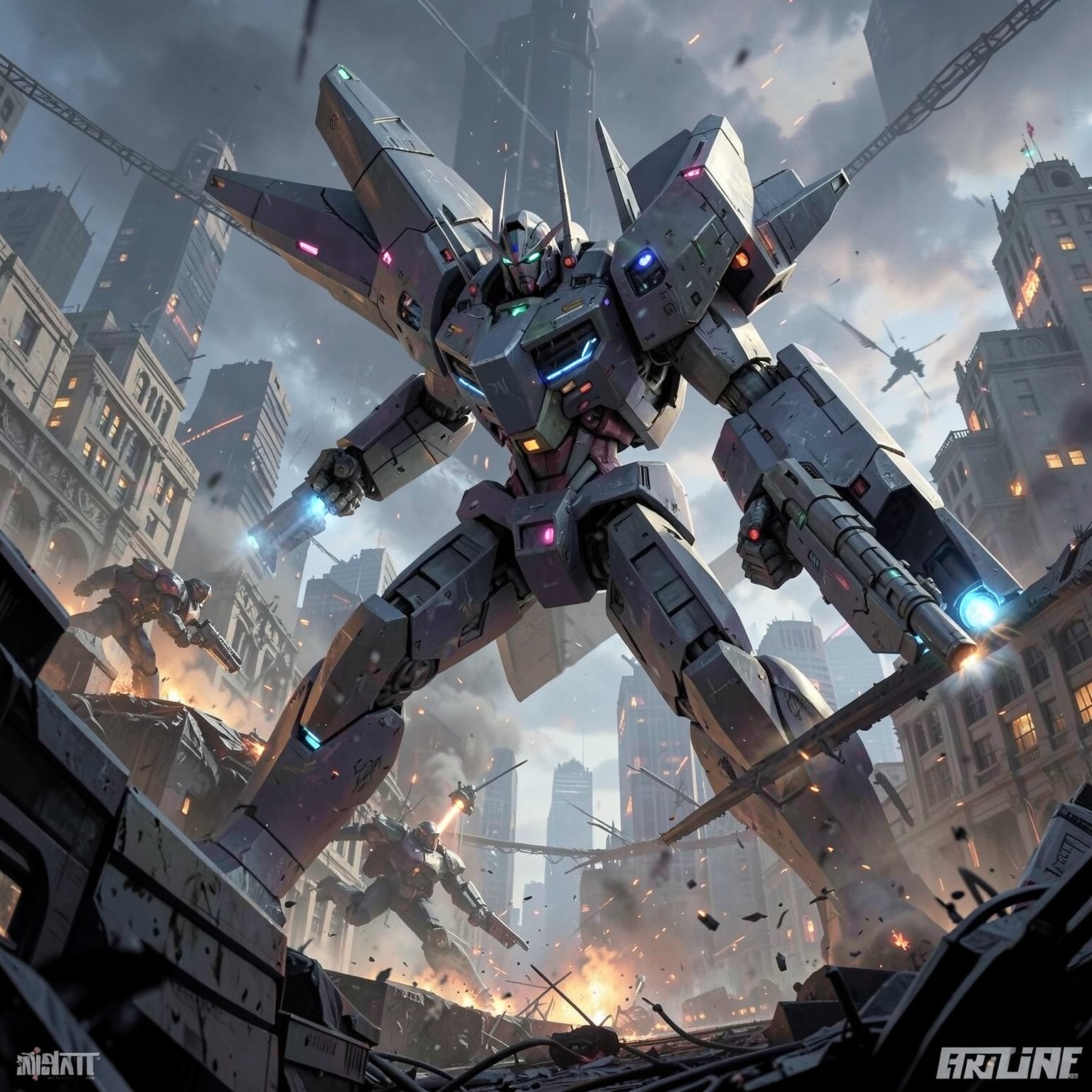 giant mecha battle in destroyed futuristic city