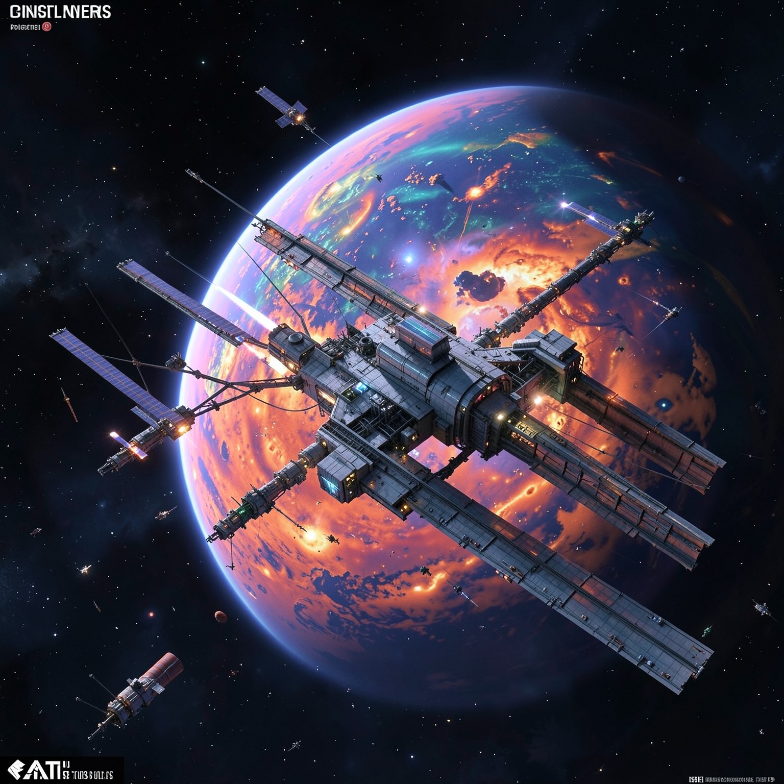Space station orbiting colorful gas giant, hyper realistic sci-fi concept art