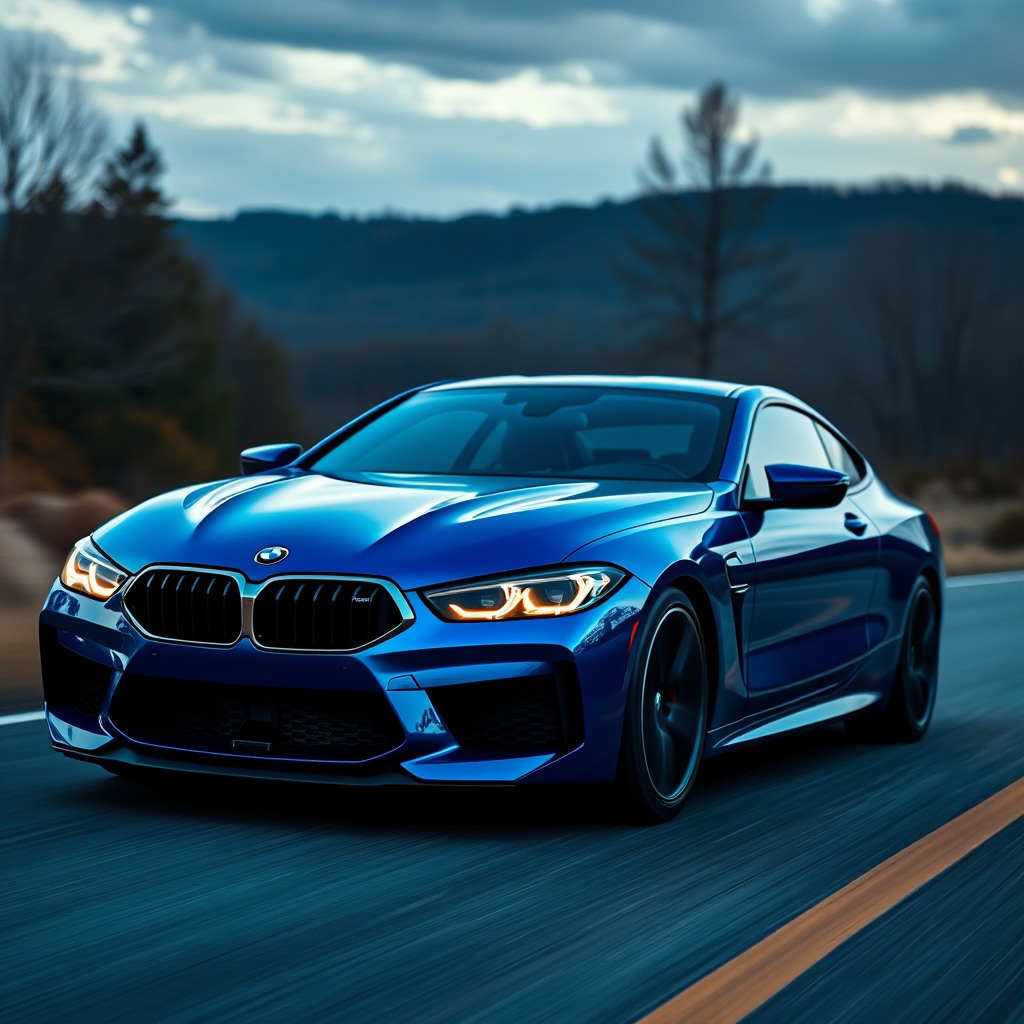 bmw car m8  on the road, photorealistic cinematic, wide angle, 24mm wide lens
