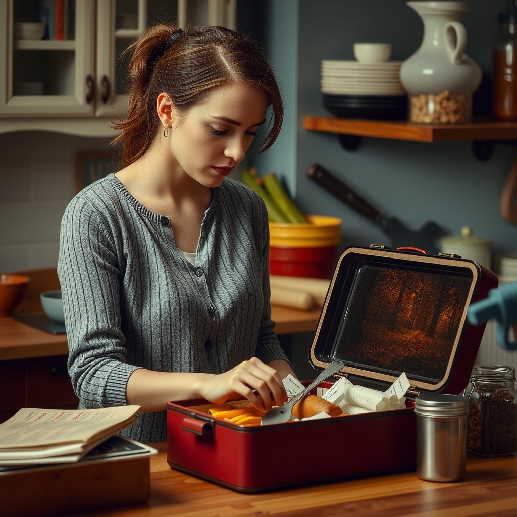 Photo-realistic editorial photography, realistic scene representing a woman preparing lunchbox