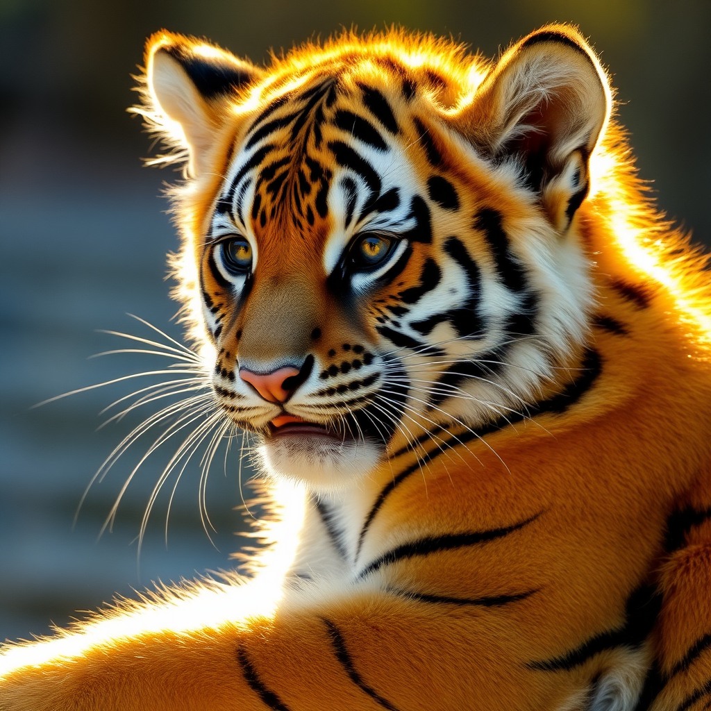 baby tiger, golden hour light, ultra detailed fur