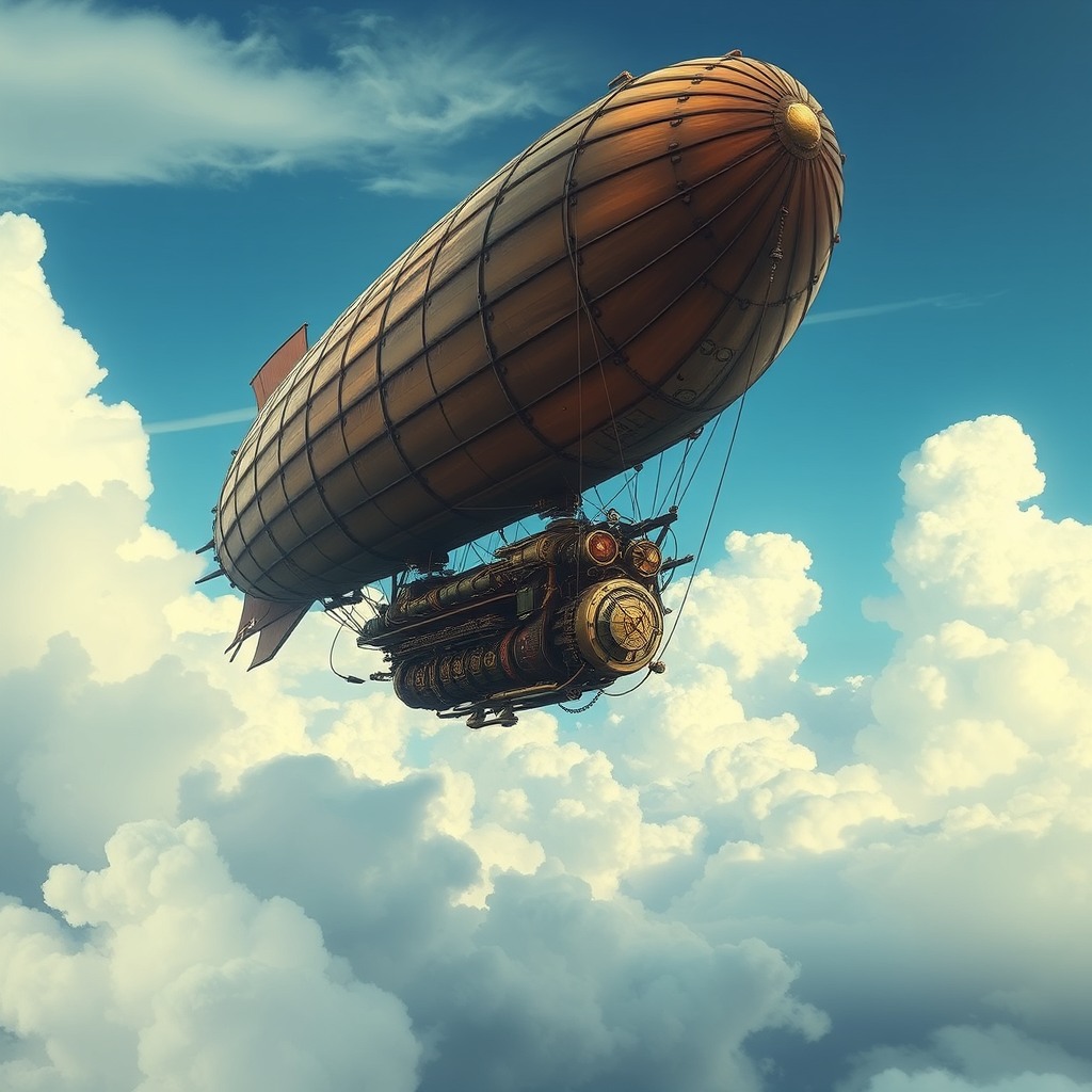 steampunk airship flying through clouds, detailed machinery, cinematic concept art