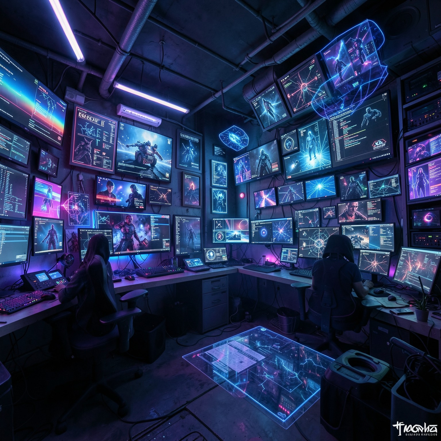 cyberpunk hacker room full of RGB screens and holograms