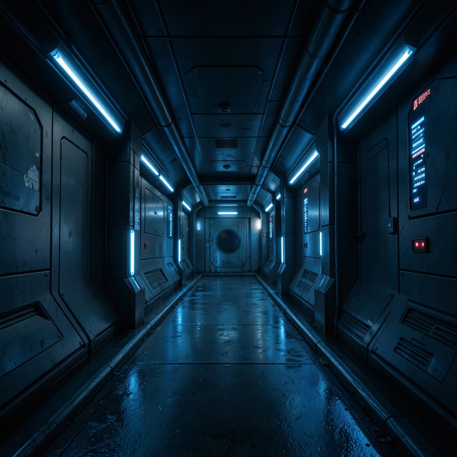 Dark futuristic corridor with blue neon lights, sci-fi environment, ultra realistic