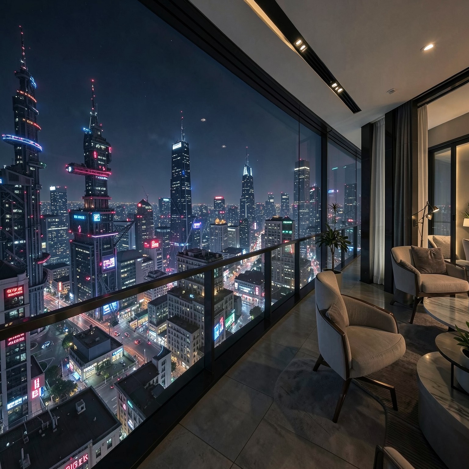 Luxury penthouse overlooking cyberpunk city at night