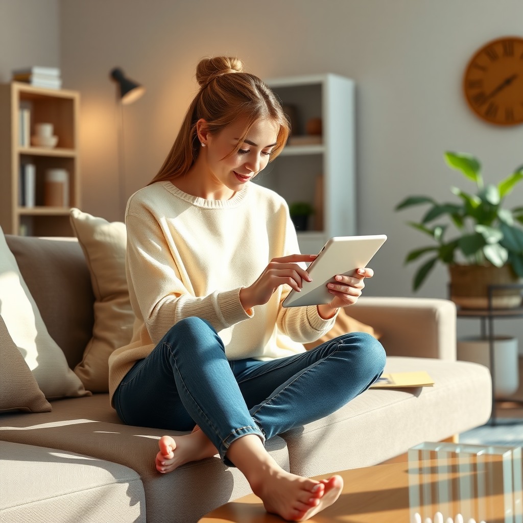 Photo-realistic editorial photography, realistic scene representing a woman browsing online shopping on tablet, cozy living room, daylight