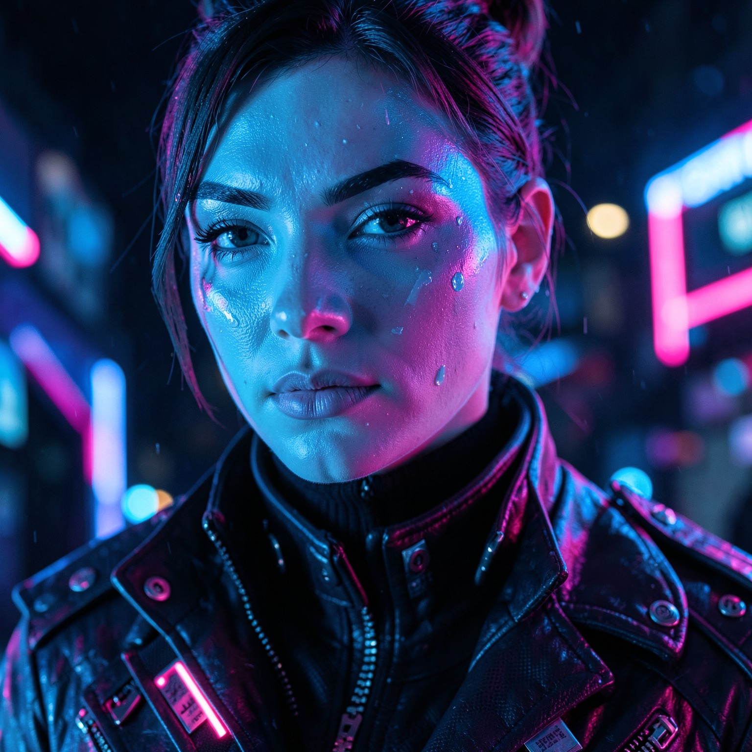 Close-up cyberpunk fashion portrait with neon blue and pink reflections on face