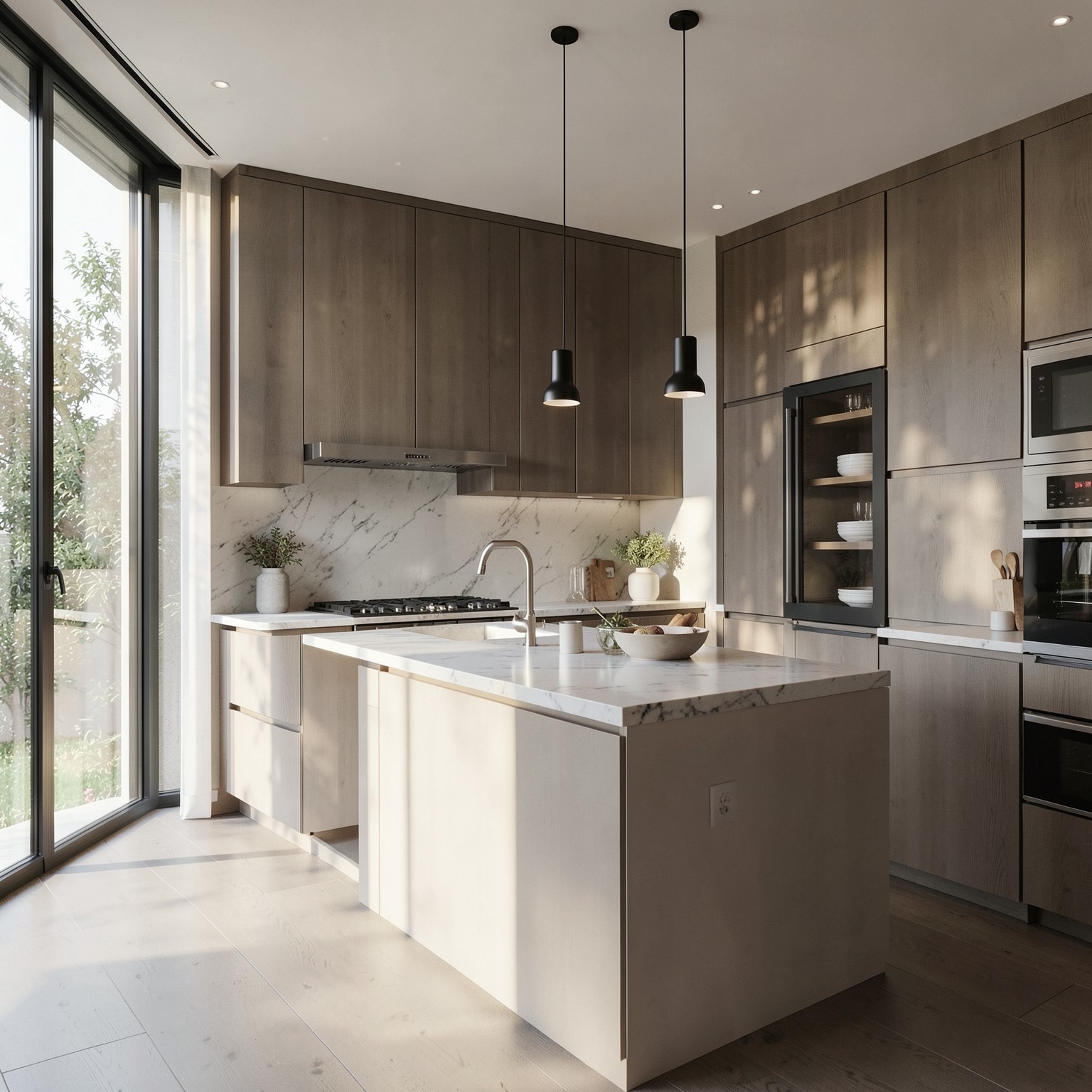 Modern luxury kitchen interior with large windows and soft sunlight