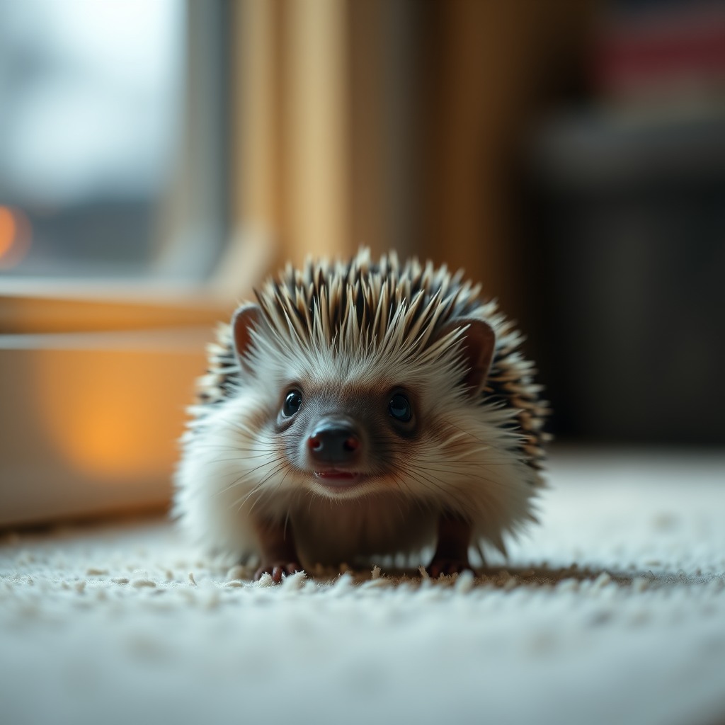 playful hedgehog, cozy indoor light, cinematic cute look