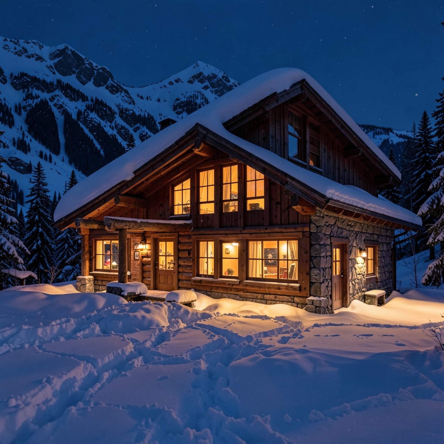 cozy cabin in snowy mountains with warm lights at night
