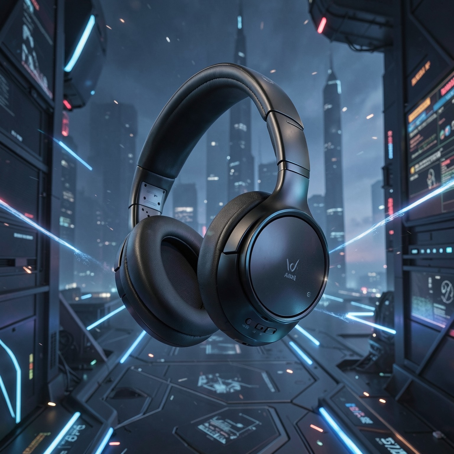 high-end headphones floating in futuristic environment