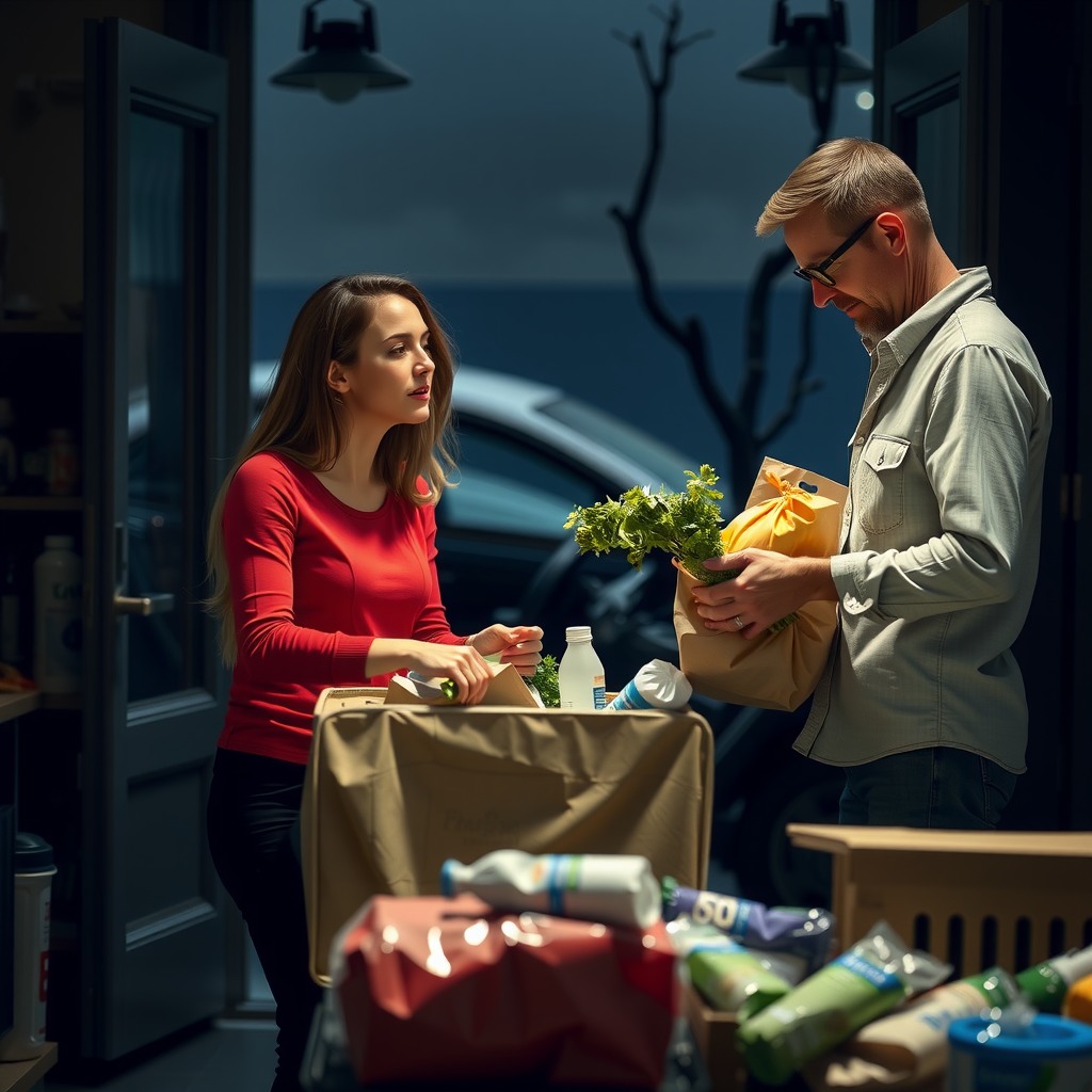 Photo-realistic editorial photography, realistic scene representing a couple unpacking groceries