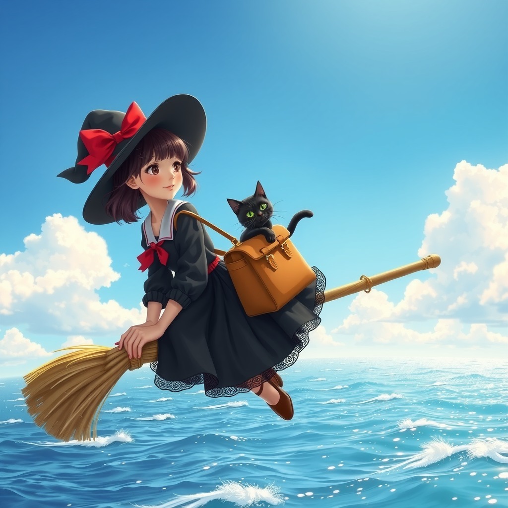 The high-resolution realistic portrait of kiki in "the witch home delivery service" depicts a young japanese beauty cosplayer, with delicate facial features, flowing skin, delicate facial texture, and light and natural makeup, she is relaxed riding a broomstick through the sunny sky wearing a red bow on her head, wearing a black dress and carrying a brown leather satchel on her back, flying on a broomstick with the black cat gigi, their figures soar over the sparkling coastal water, dynamic wind effects