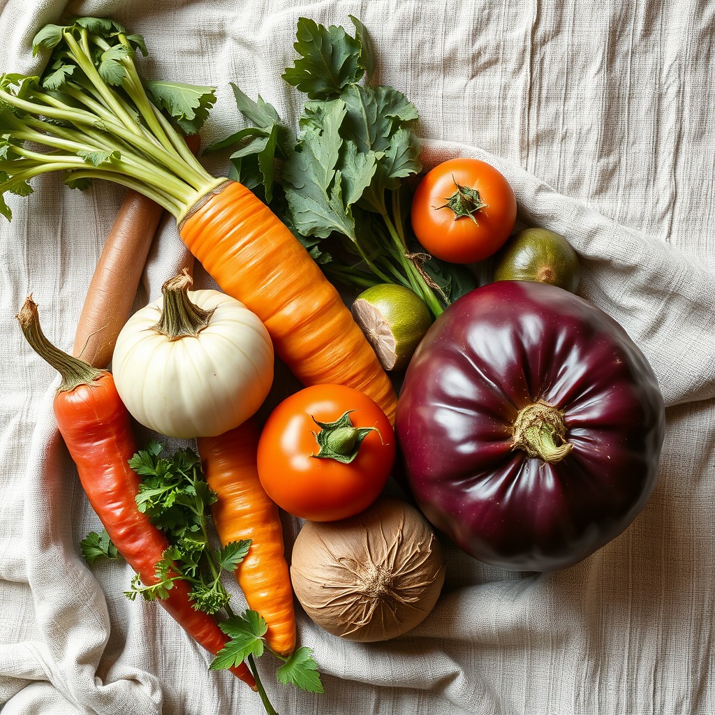 organic vegetables on linen cloth, natural tones
