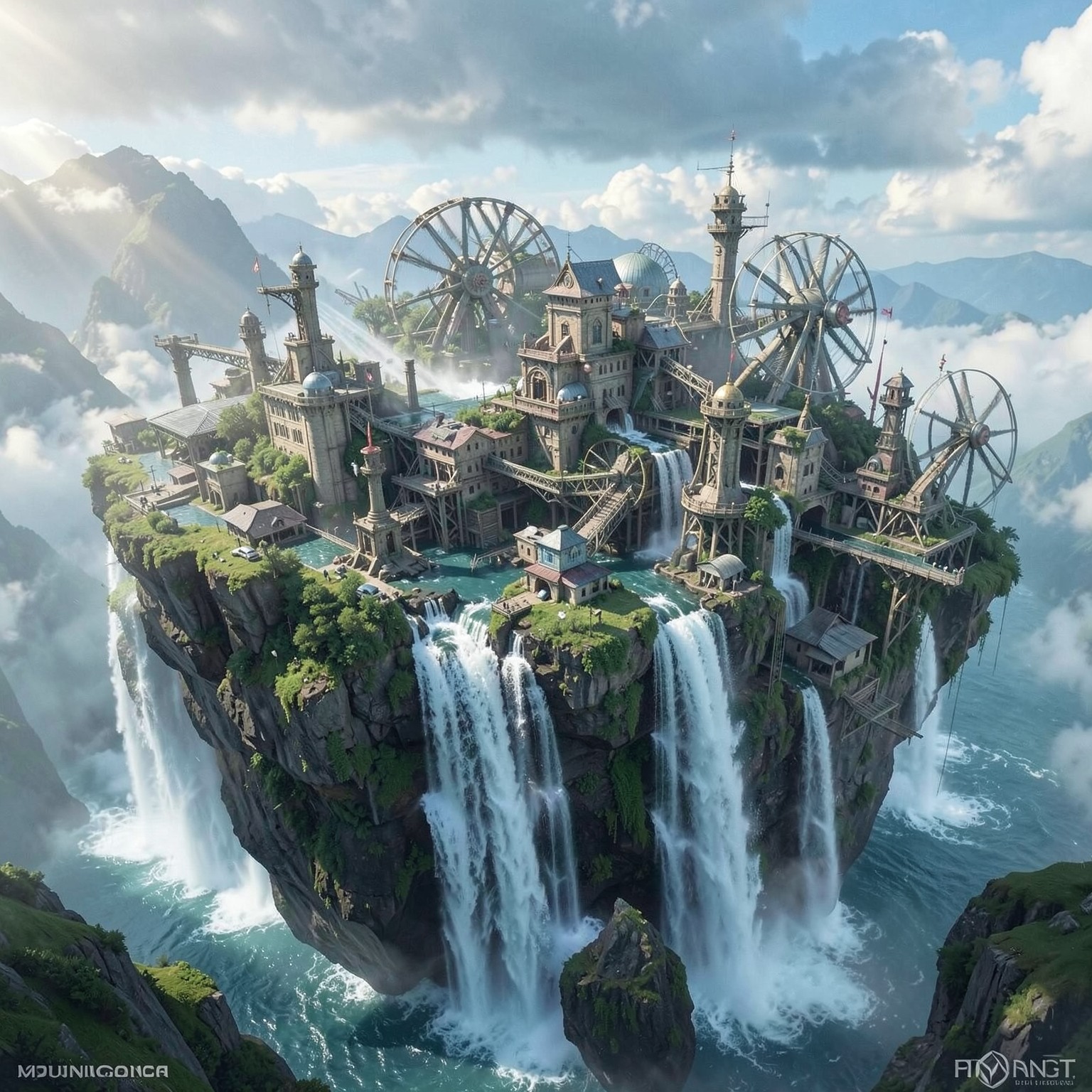 Floating island city powered by waterfalls and giant turbines, fantasy sci-fi hybrid