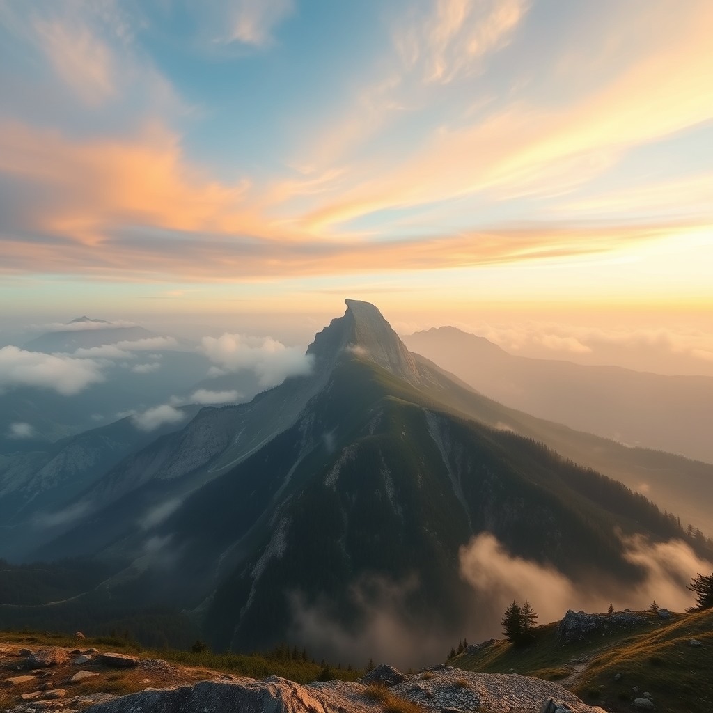 mountain landscape at sunrise, misty atmosphere, ultra wide cinematic view