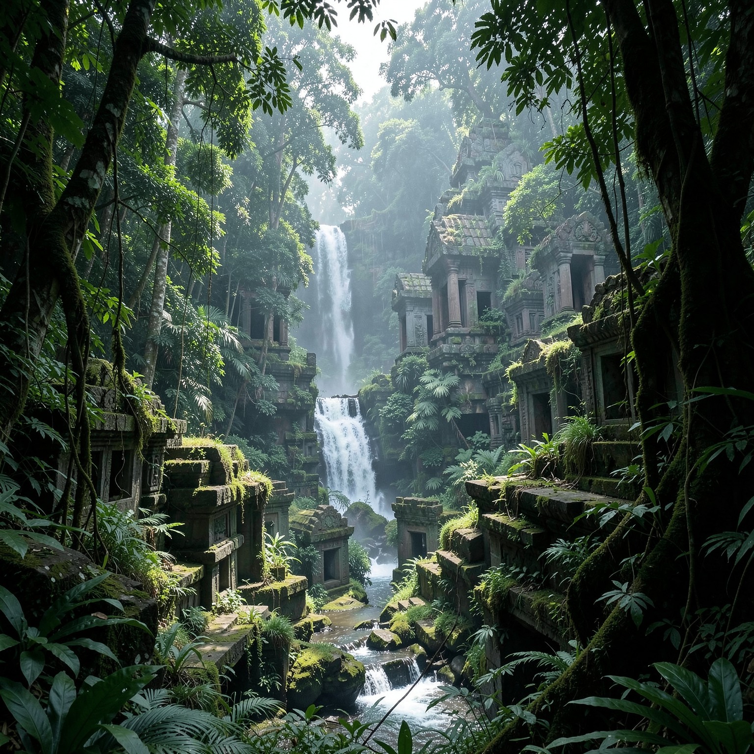 ancient ruins hidden deep inside jungle with waterfalls