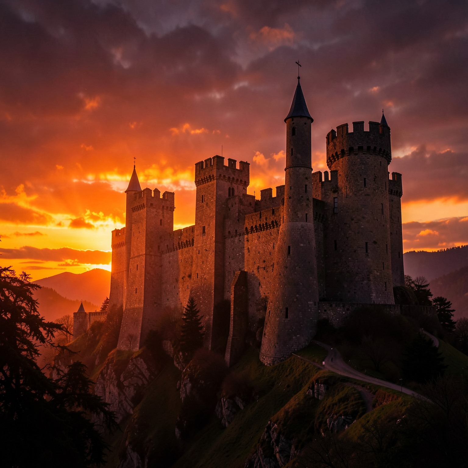 Medieval castle during fiery sunset