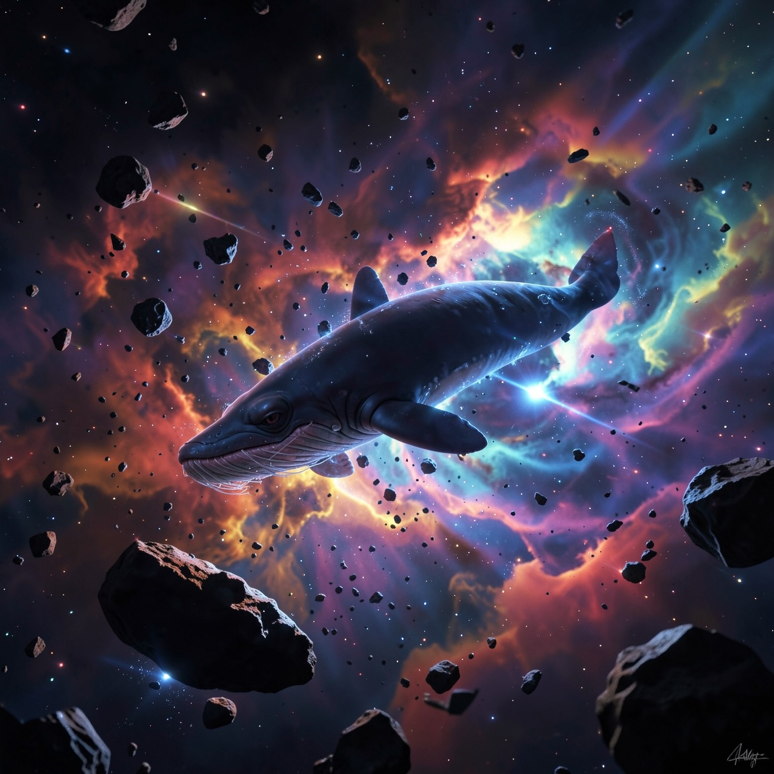 Space whale flying through asteroid belt near colorful nebula