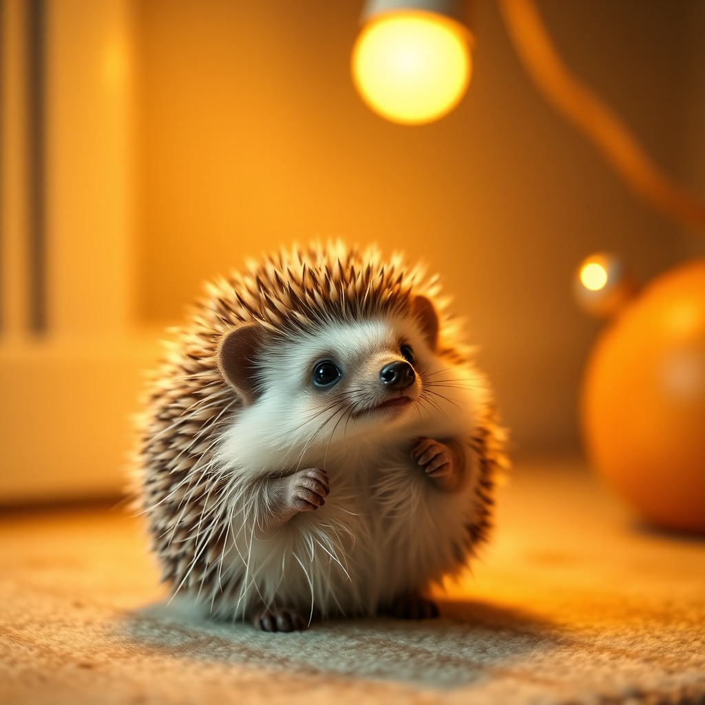 tiny hedgehog, cozy indoor light, whimsical cute style