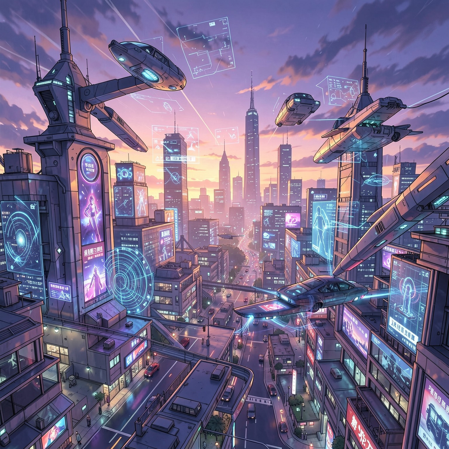 futuristic anime city with holograms and flying cars, sunset lighting