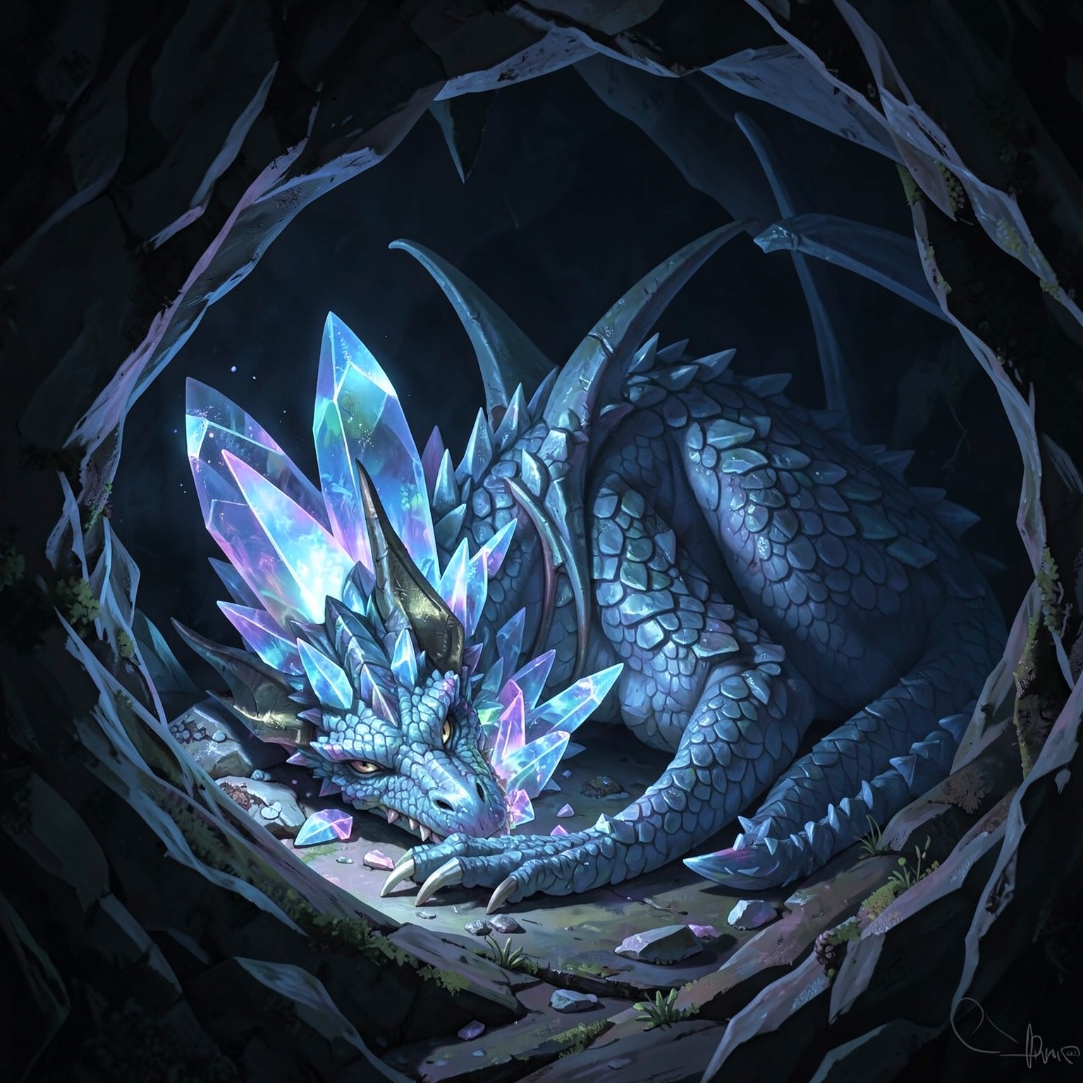 giant crystal dragon sleeping inside cave
