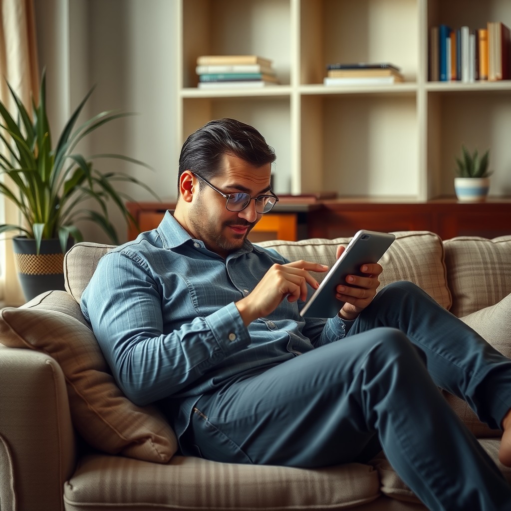 Photo-realistic editorial photography, realistic scene representing a man using tablet on sofa