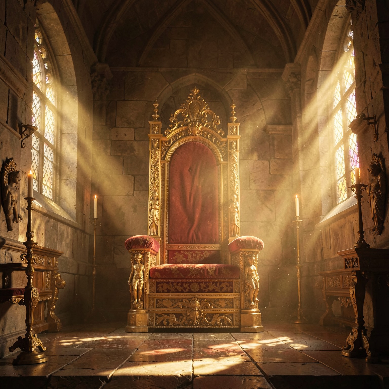 Medieval throne room with golden light rays
