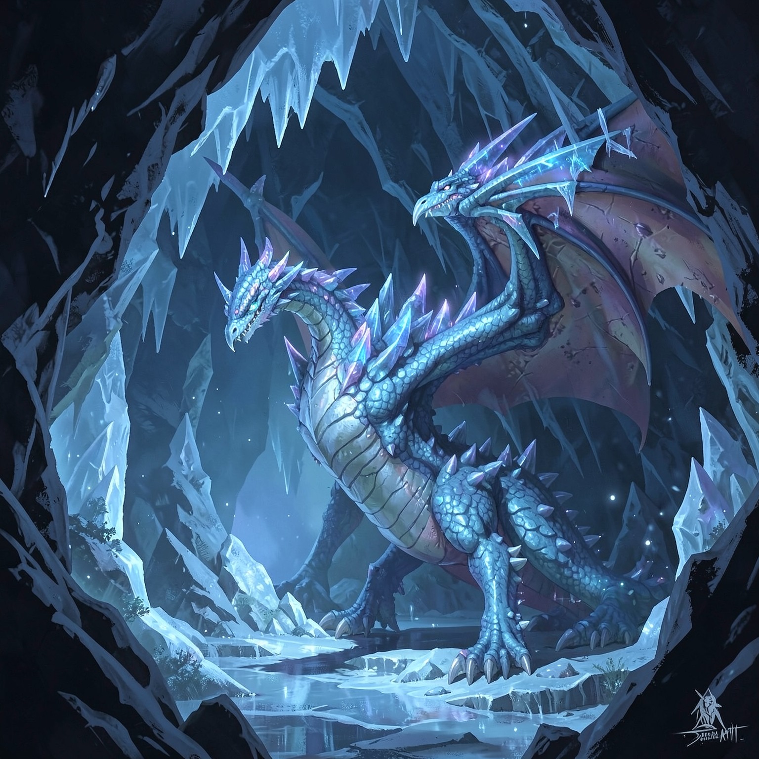 Crystal dragon inside icy mountain cave