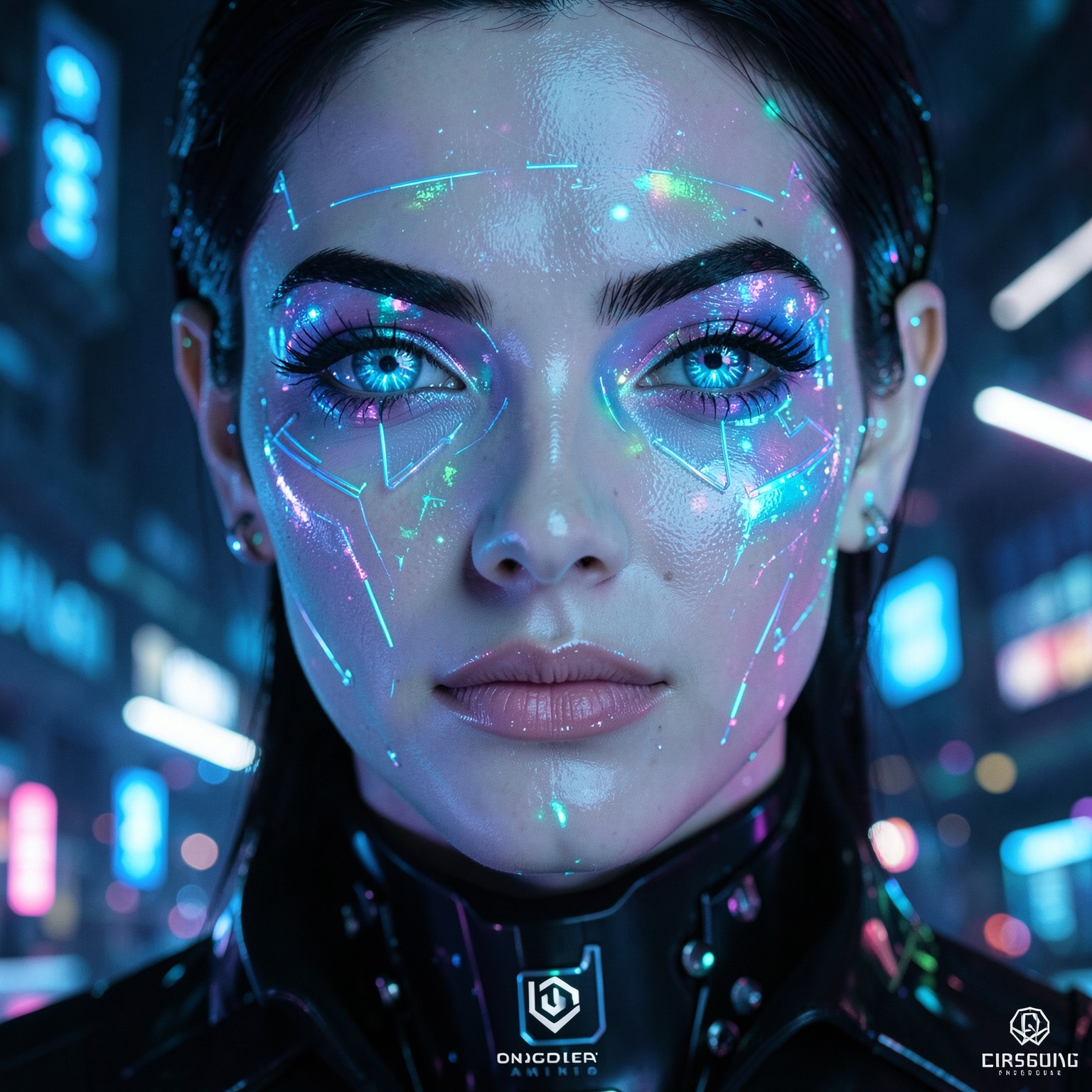 Close-up cyberpunk portrait with holographic reflections and futuristic makeup