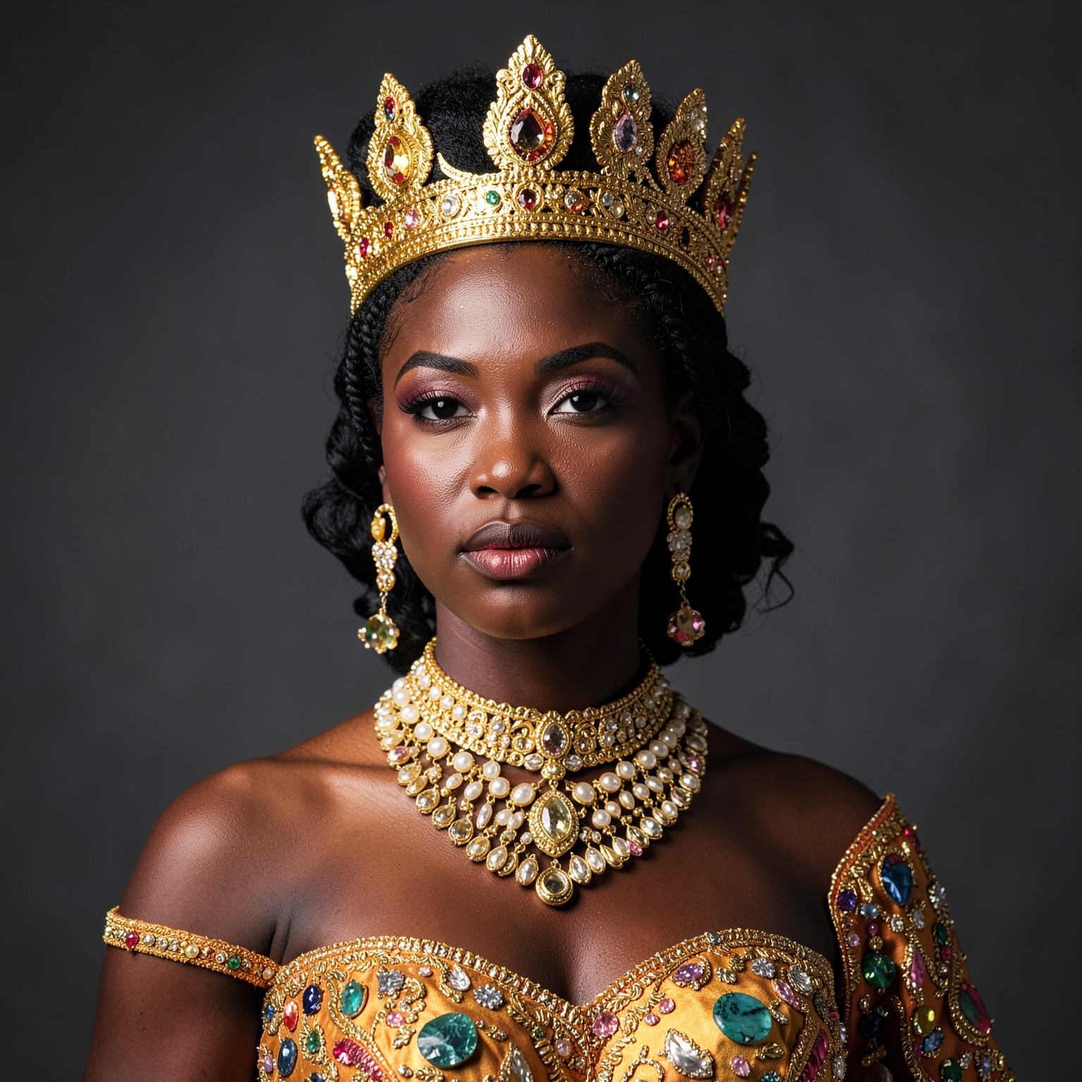 stunning portrait of African queen wearing golden crown, ultra detailed jewelry, studio lighting