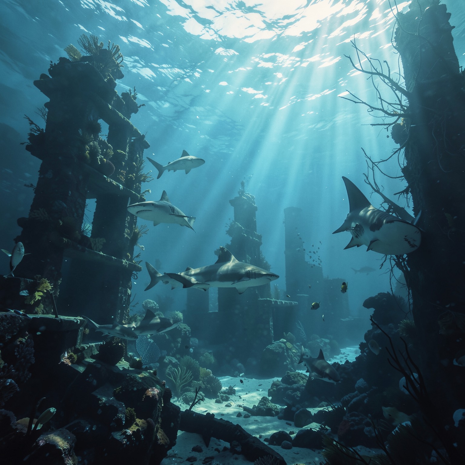 underwater ruins with sharks and sunlight rays
