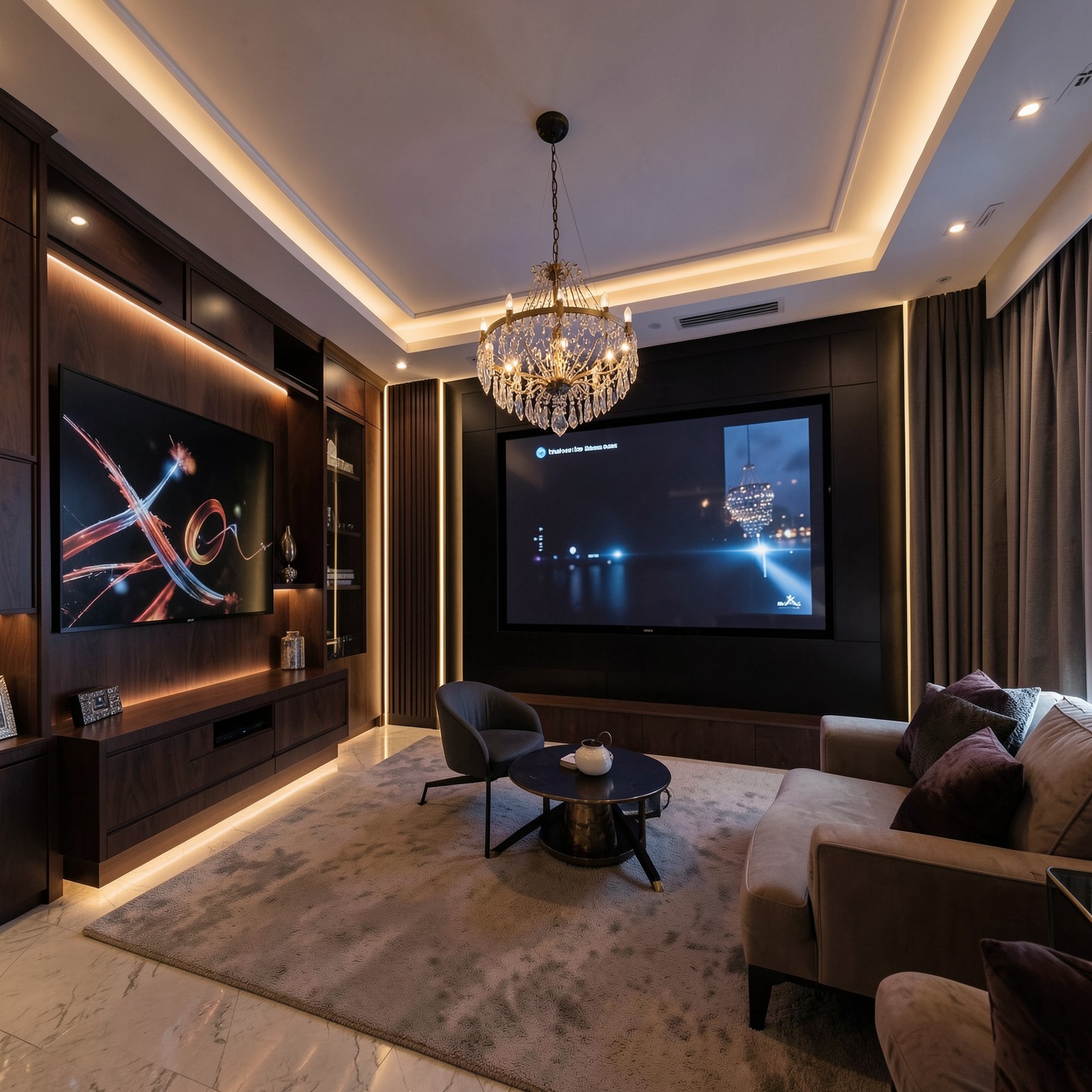 luxury home cinema room with ambient LED lighting