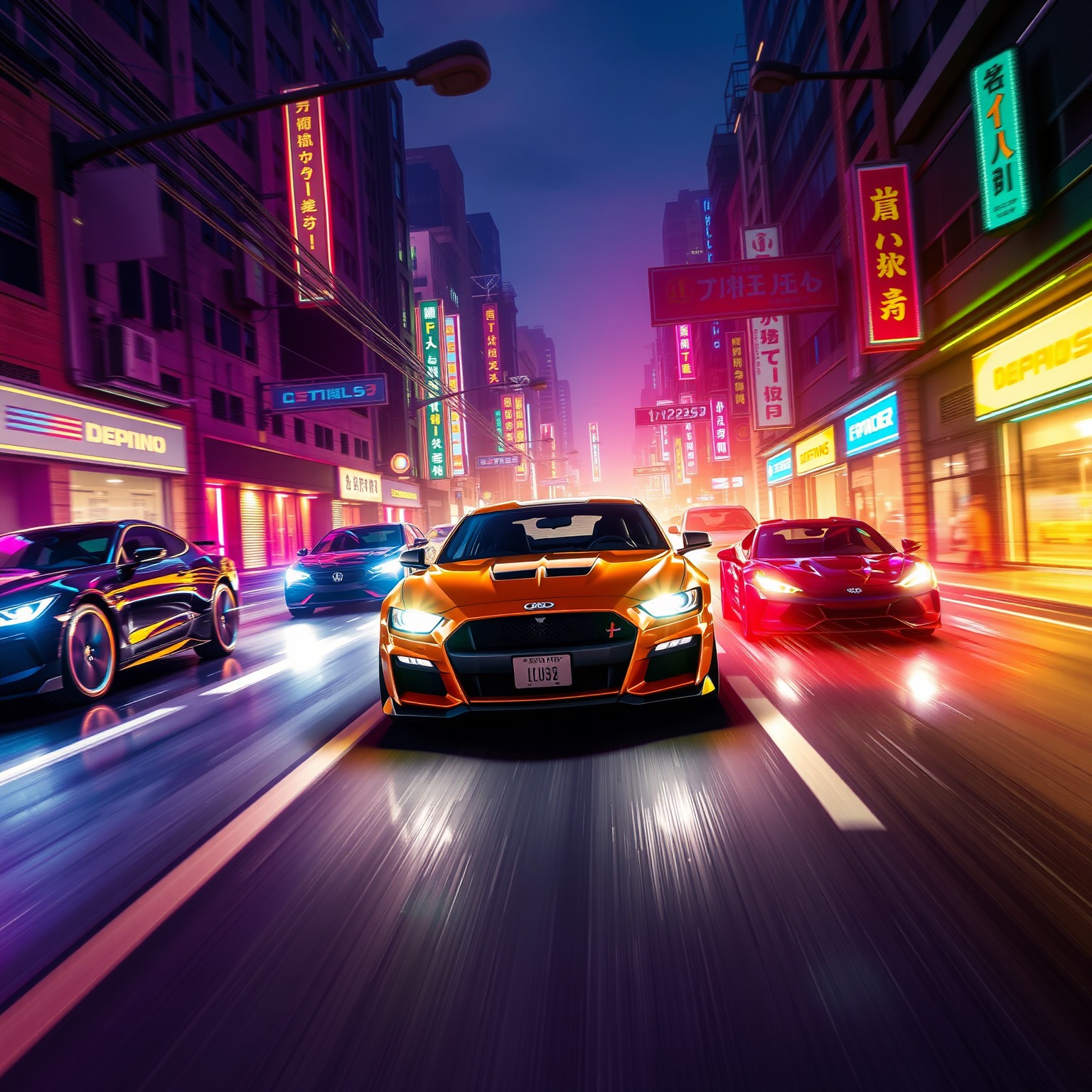 AI-generated image of a dramatic high-speed chase in a neon-lit cyberpunk street.