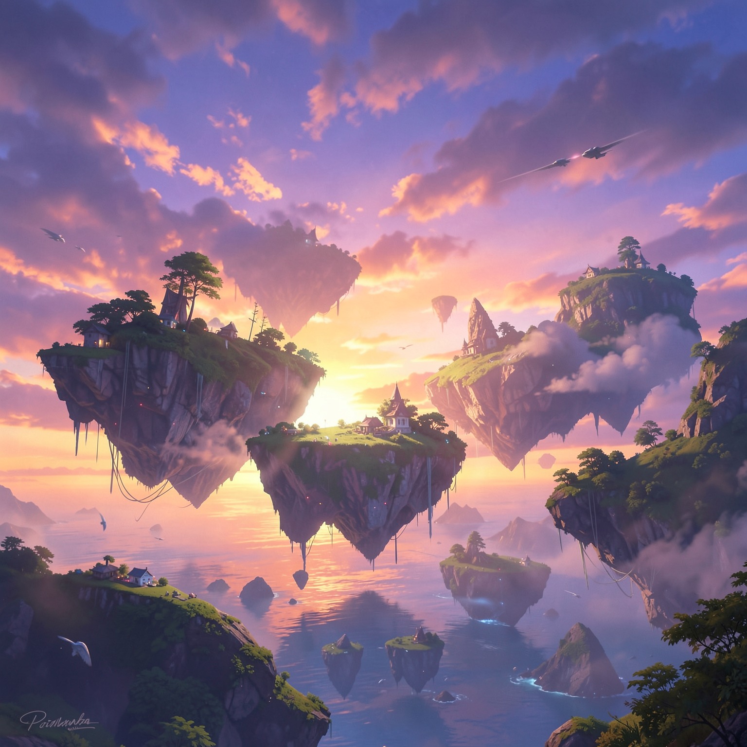 magical floating islands in sunset sky