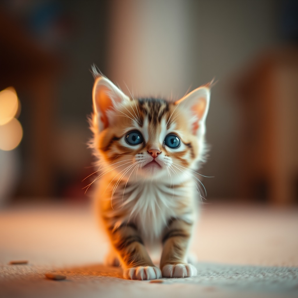 cute kitten, warm cinematic lighting, shallow depth of field