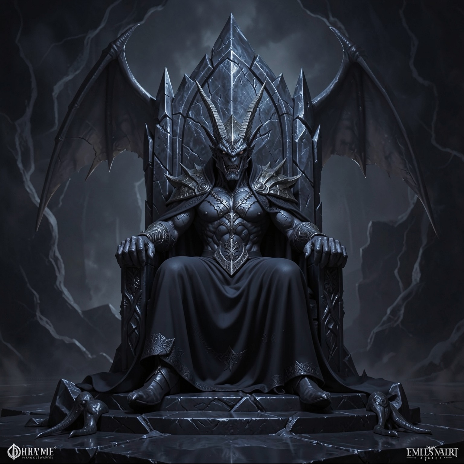 dark fantasy demon king sitting on obsidian throne