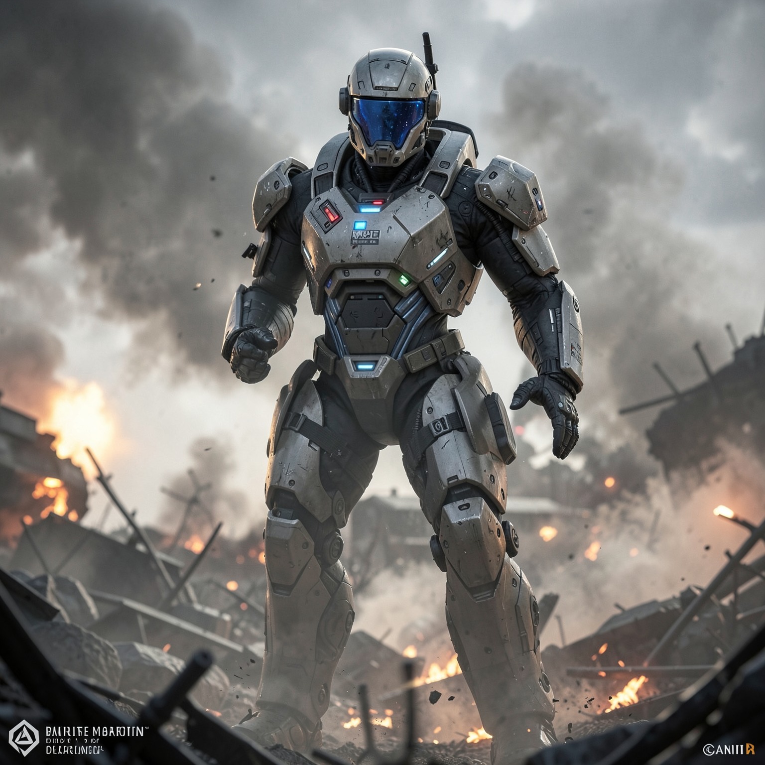 futuristic military exosuit soldier in battlefield smoke