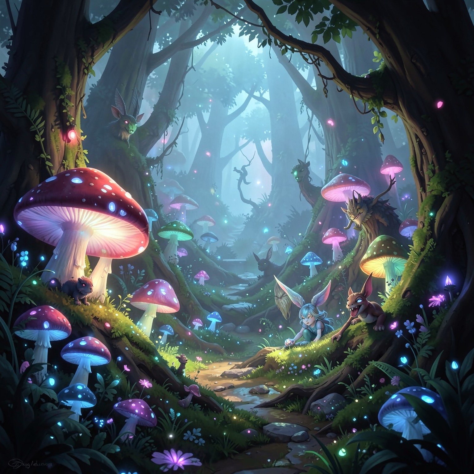 magical forest with glowing mushrooms and fantasy creatures