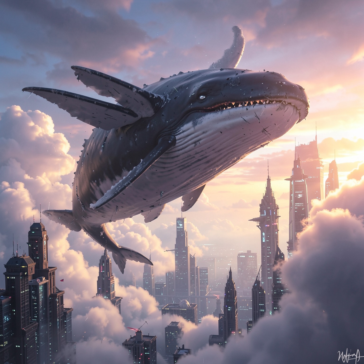 Giant floating whales above cyberpunk skyline at sunset, dreamy atmosphere, volumetric clouds, epic scale