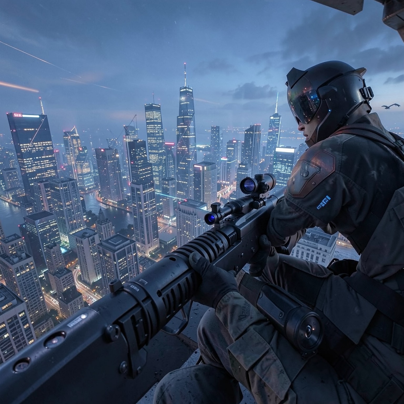 Futuristic sniper overlooking megacity skyline