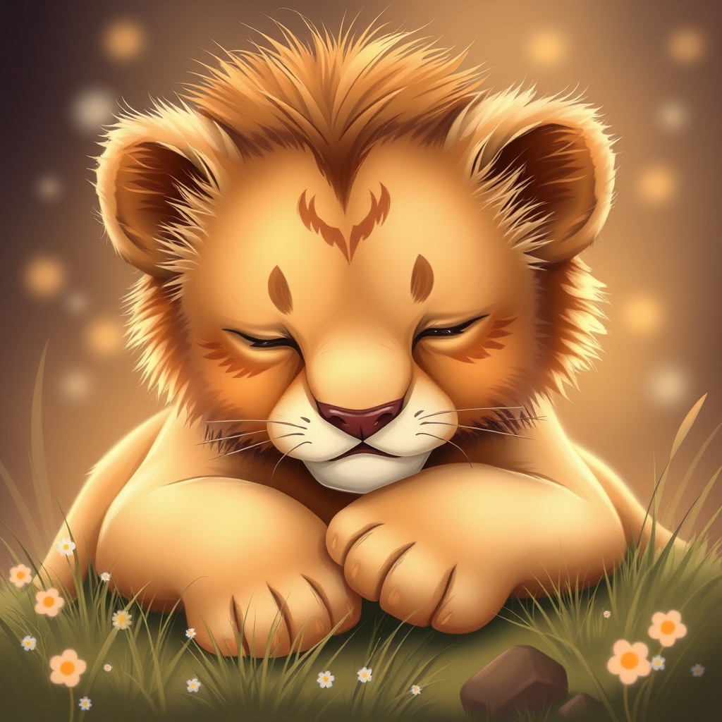 sleepy lion cub, dreamy atmosphere, kawaii aesthetic
