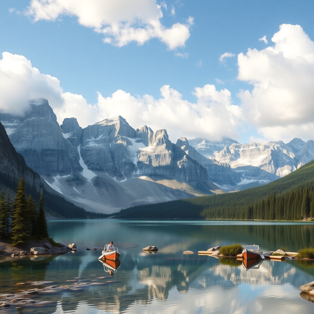 Photo-realistic editorial photography, realistic scene representing mountain lake
