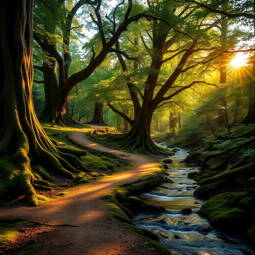 Wendy's Natural-Cut Trails wind through a lush, untamed forest, where towering ancient trees with gnarled roots create a canopy of emerald and gold. Sunlight filters through the leaves, casting dappled shadows on the moss-covered ground. A crystal-clear stream meanders alongside the path, its gentle ripples reflecting the soft blues and greens of the surrounding foliage. The air is crisp, carrying the scent of pine and damp earth, while a light mist lingers from a recent rain. The golden hour glow bathes the scene in warmth, evoking a serene, almost magical atmosphere. Cinematic realism with a touch of fantasy, rich textures, and vibrant yet natural colors., hyper-realistic, cinematic lighting, mysterious