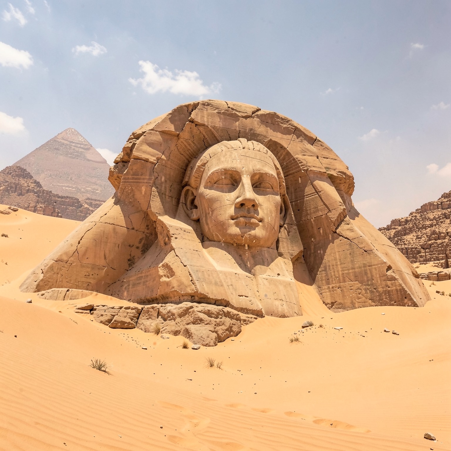 Giant ancient statue buried in desert sand