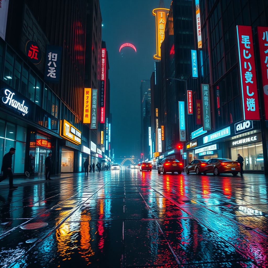 futuristic cyberpunk city, neon lights, rain reflections, cinematic wide shot, cinematic, shallow depth of field, professional photography, award winning photography style