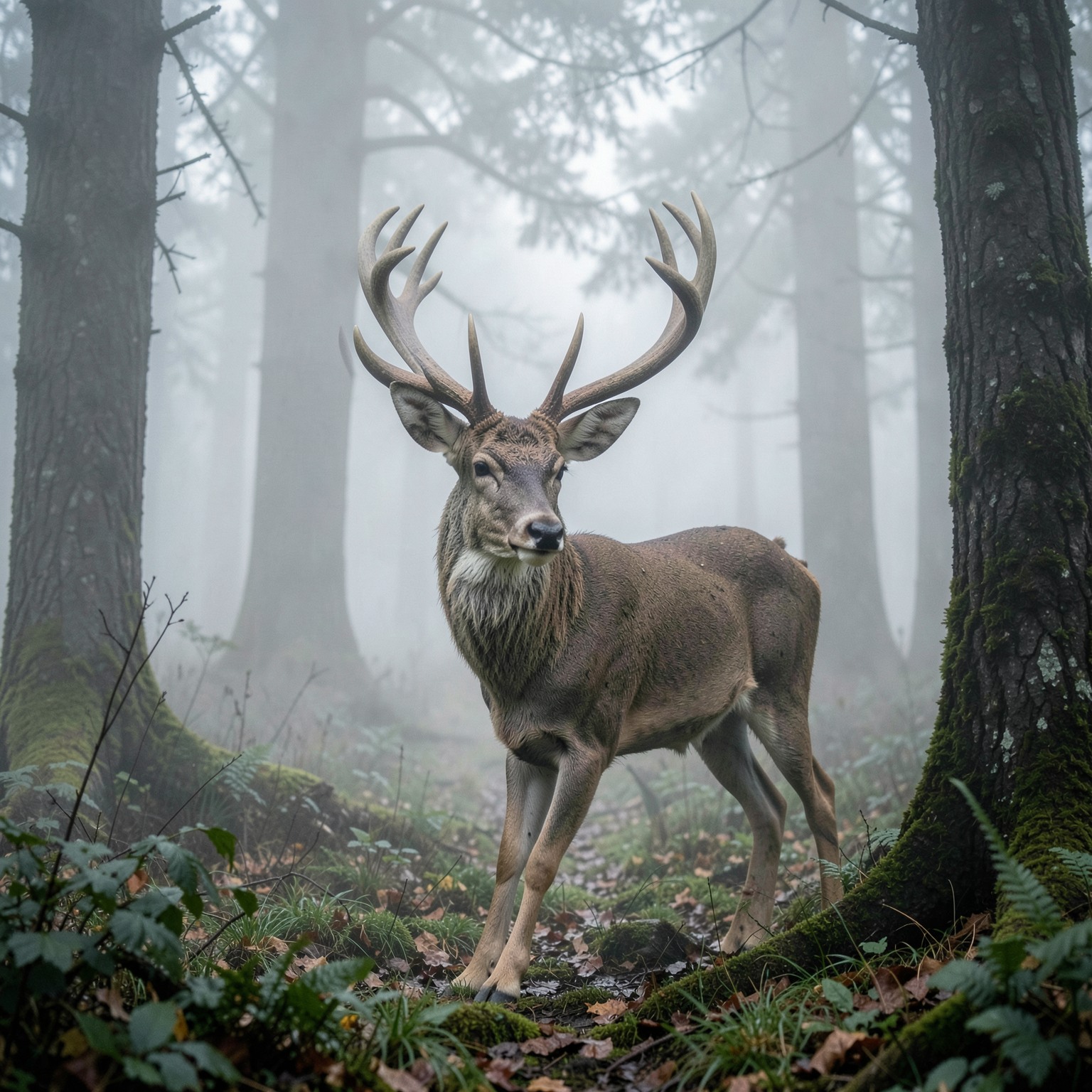 realistic deer inside foggy forest